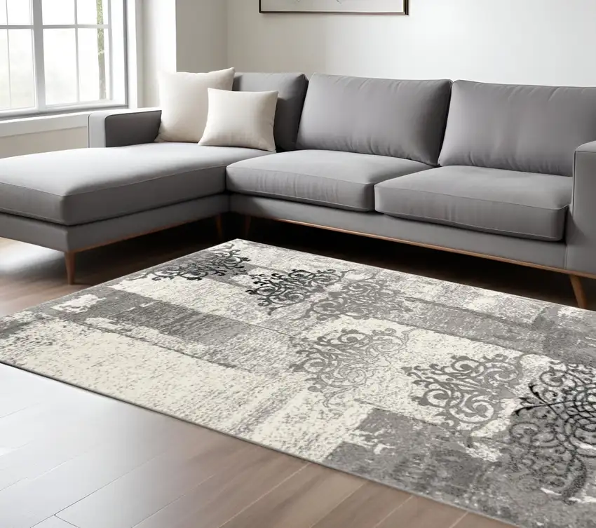 Gray Damask Dhurrie Area Rug Photo 1