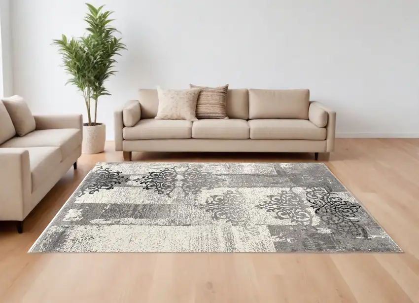 Gray Damask Dhurrie Area Rug Photo 1