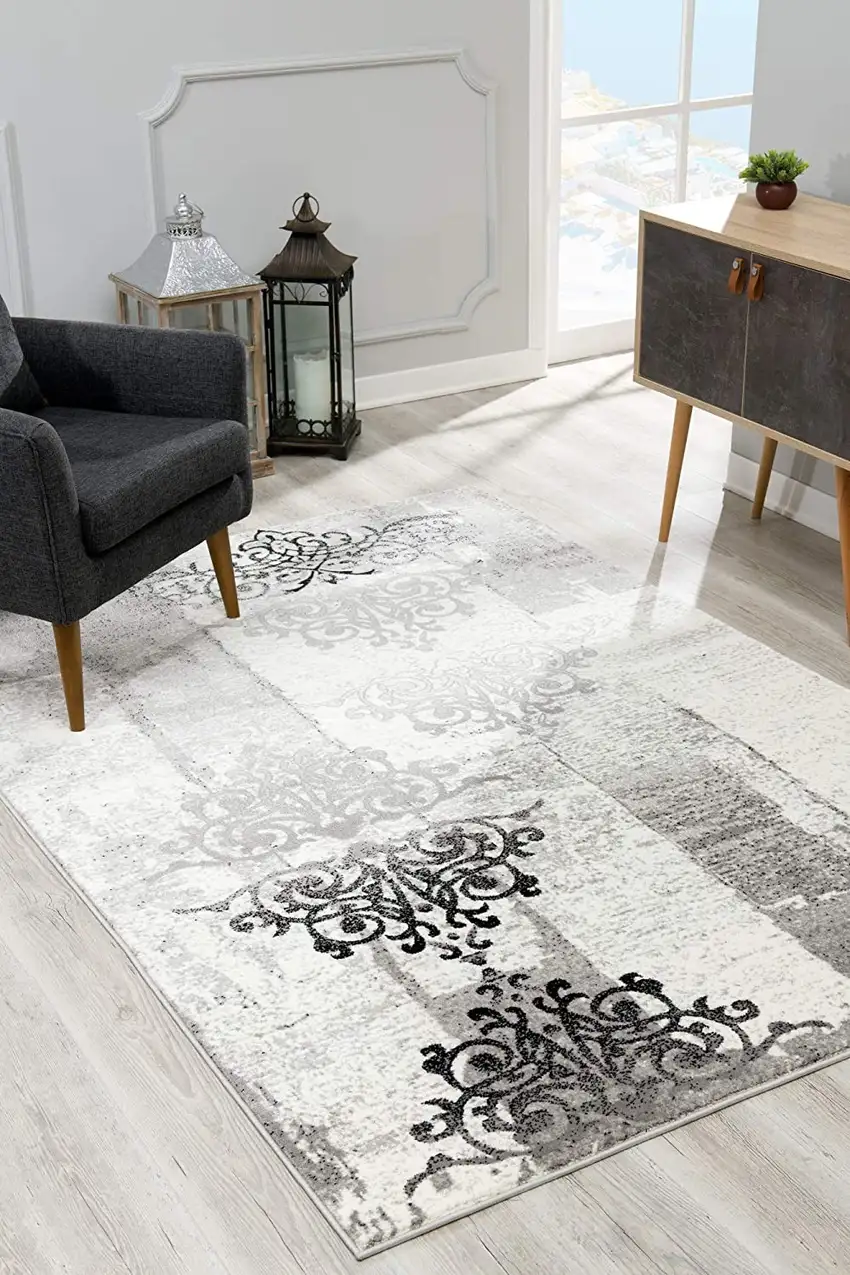 Gray Damask Dhurrie Area Rug Photo 9