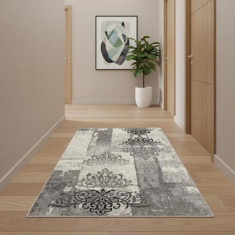 Gray Faded Filigree Pattern Runner Rug Photo 5