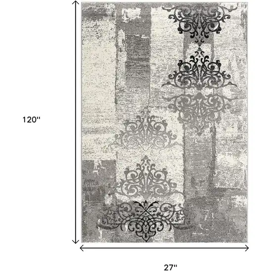 10' Gray Damask Dhurrie Runner Rug Photo 3