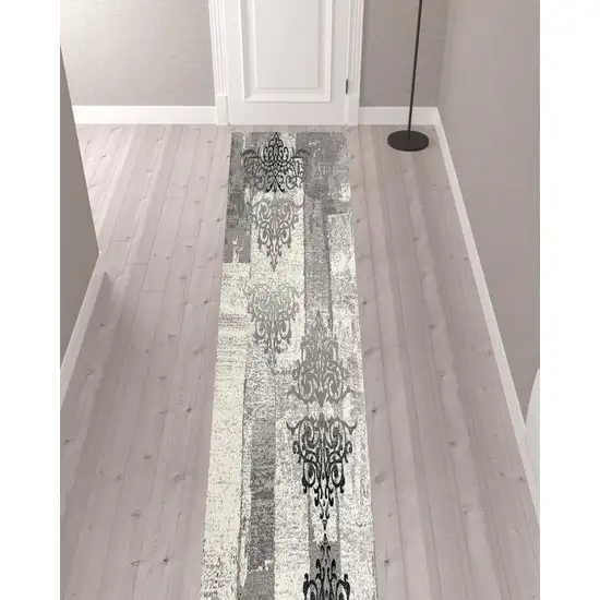 Gray Faded Filigree Pattern Runner Rug Photo 8