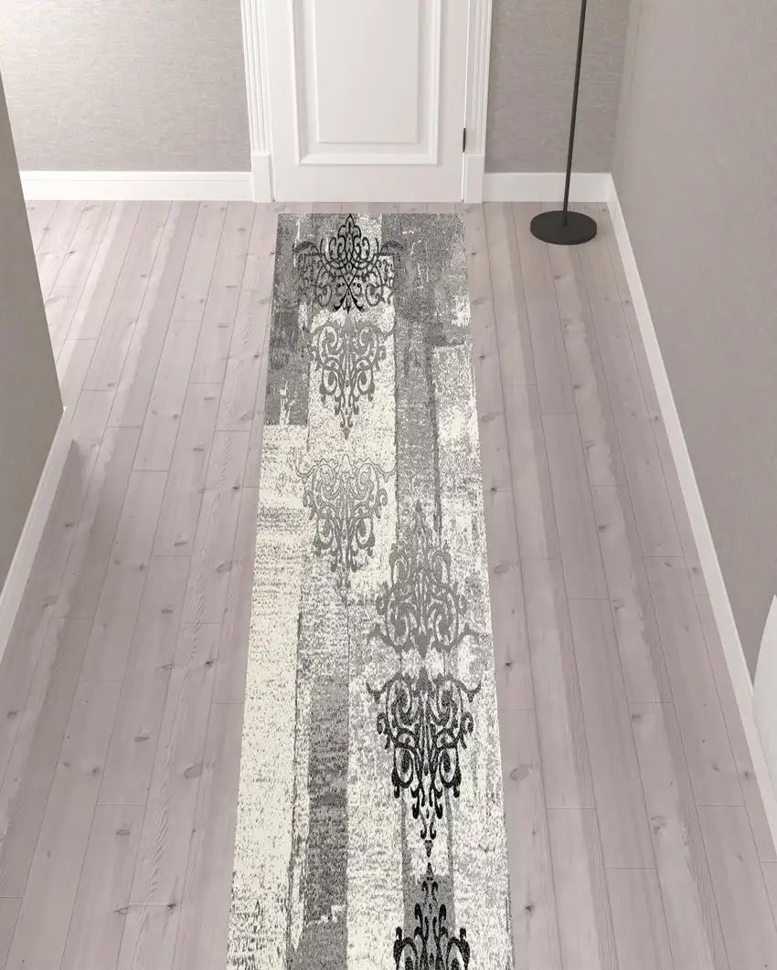 Gray Faded Filigree Pattern Runner Rug Photo 8