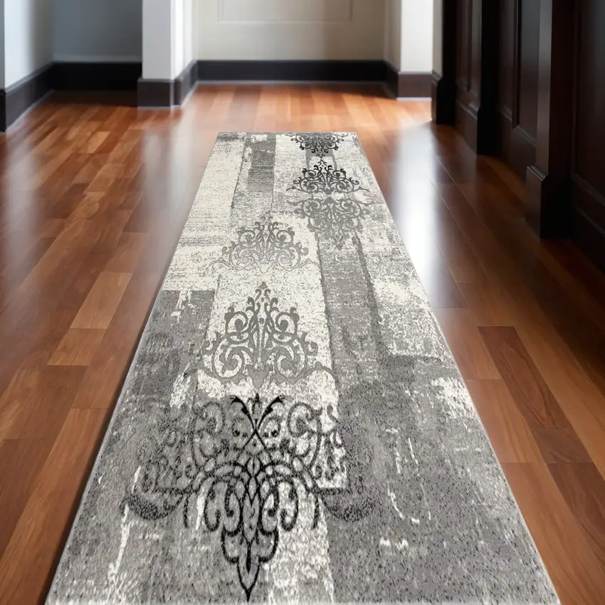 2' X 13' Gray Faded Filigree Pattern Runner Rug Photo 2