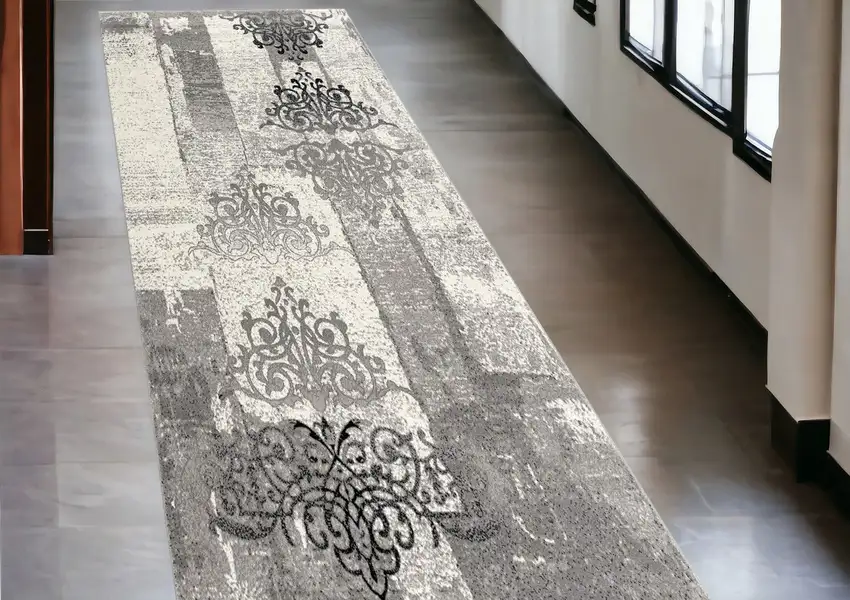 15' Gray Damask Dhurrie Runner Rug Photo 1