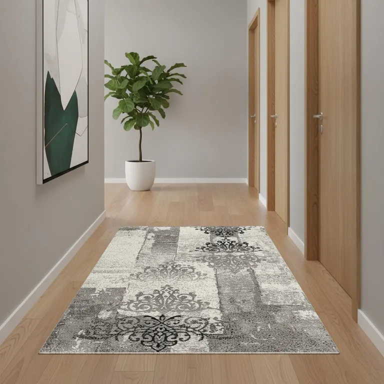 Gray Faded Filigree Pattern Runner Rug Photo 5