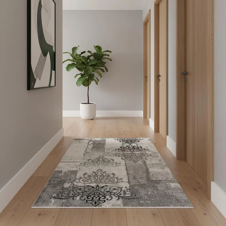 Gray Faded Filigree Pattern Runner Rug Photo 5