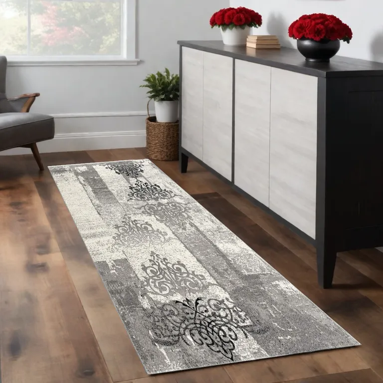 Gray Faded Filigree Pattern Runner Rug Photo 5