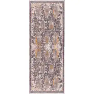 Photo of Gray Faded Tribal Motifs Runner Rug
