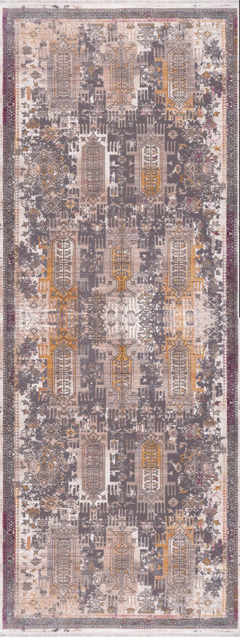Gray Faded Tribal Motifs Runner Rug Photo 3
