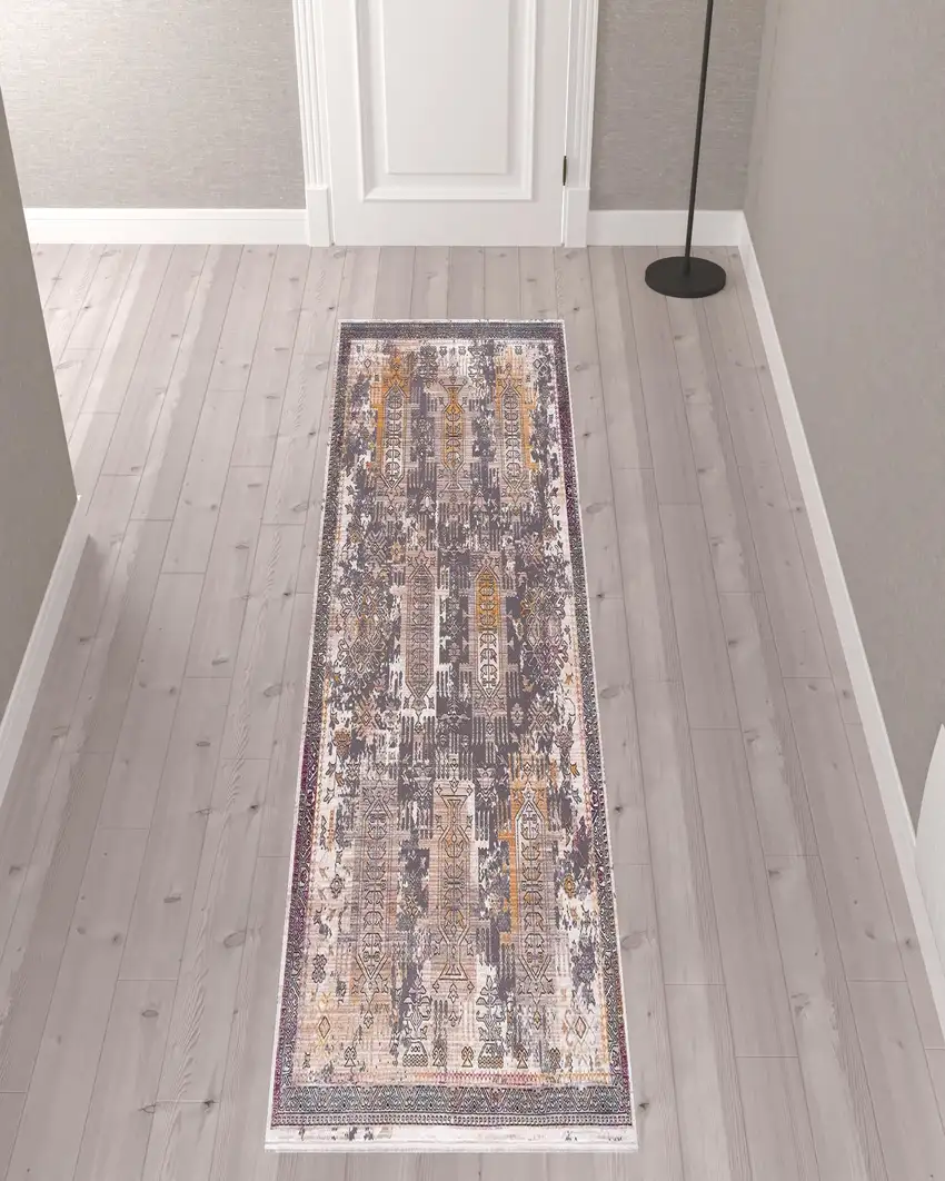 Gray Faded Tribal Motifs Runner Rug Photo 4