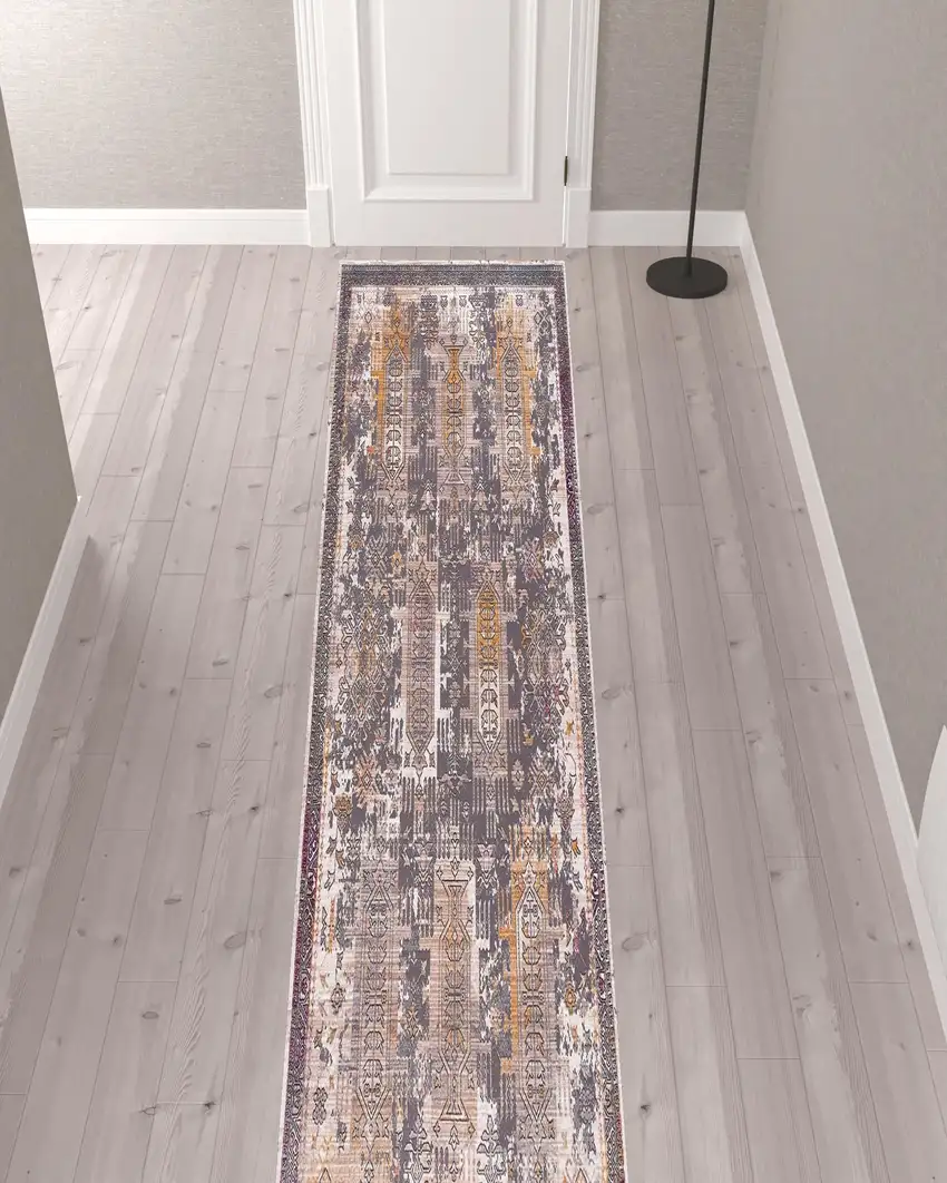Gray Faded Tribal Motifs Runner Rug Photo 5