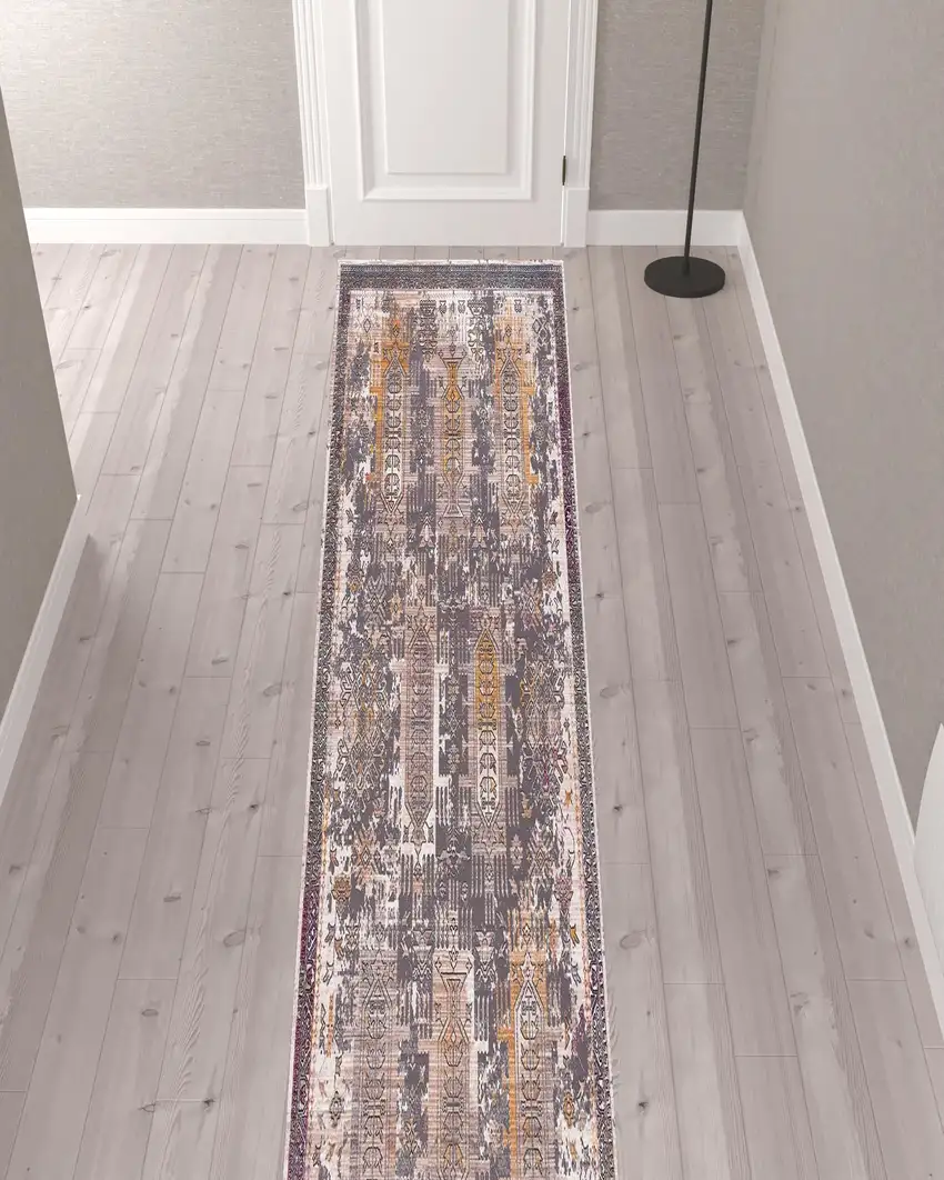Gray Faded Tribal Motifs Runner Rug Photo 5