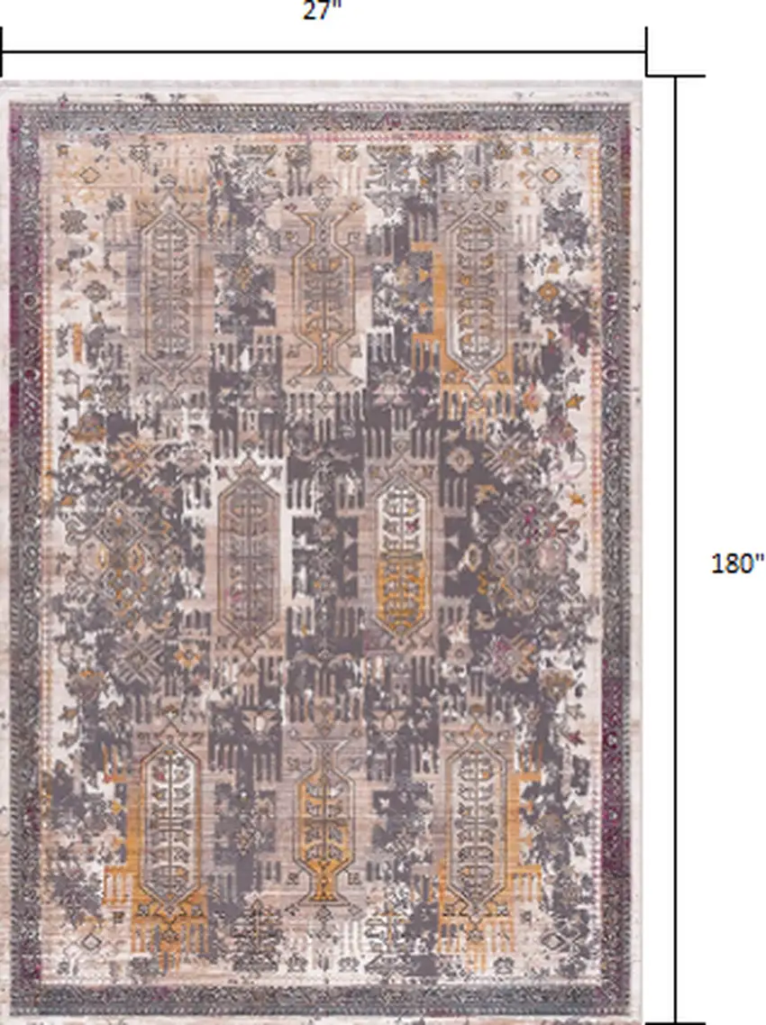 Gray Faded Tribal Motifs Runner Rug Photo 2