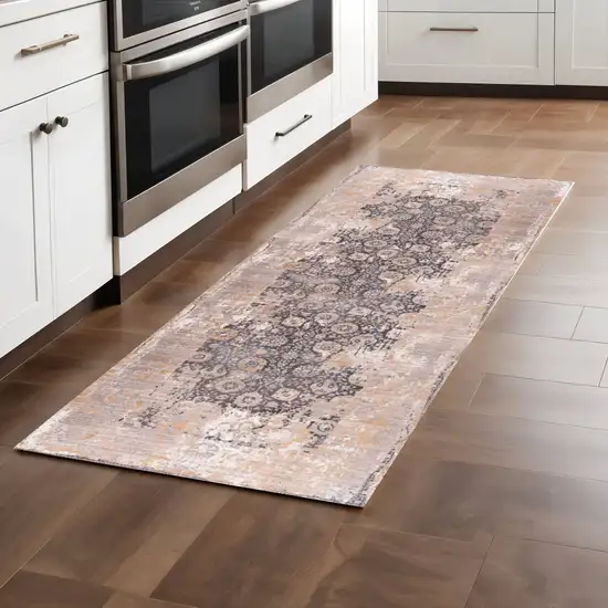 8' Gray And Ivory Oriental Distressed Runner Rug Photo 2