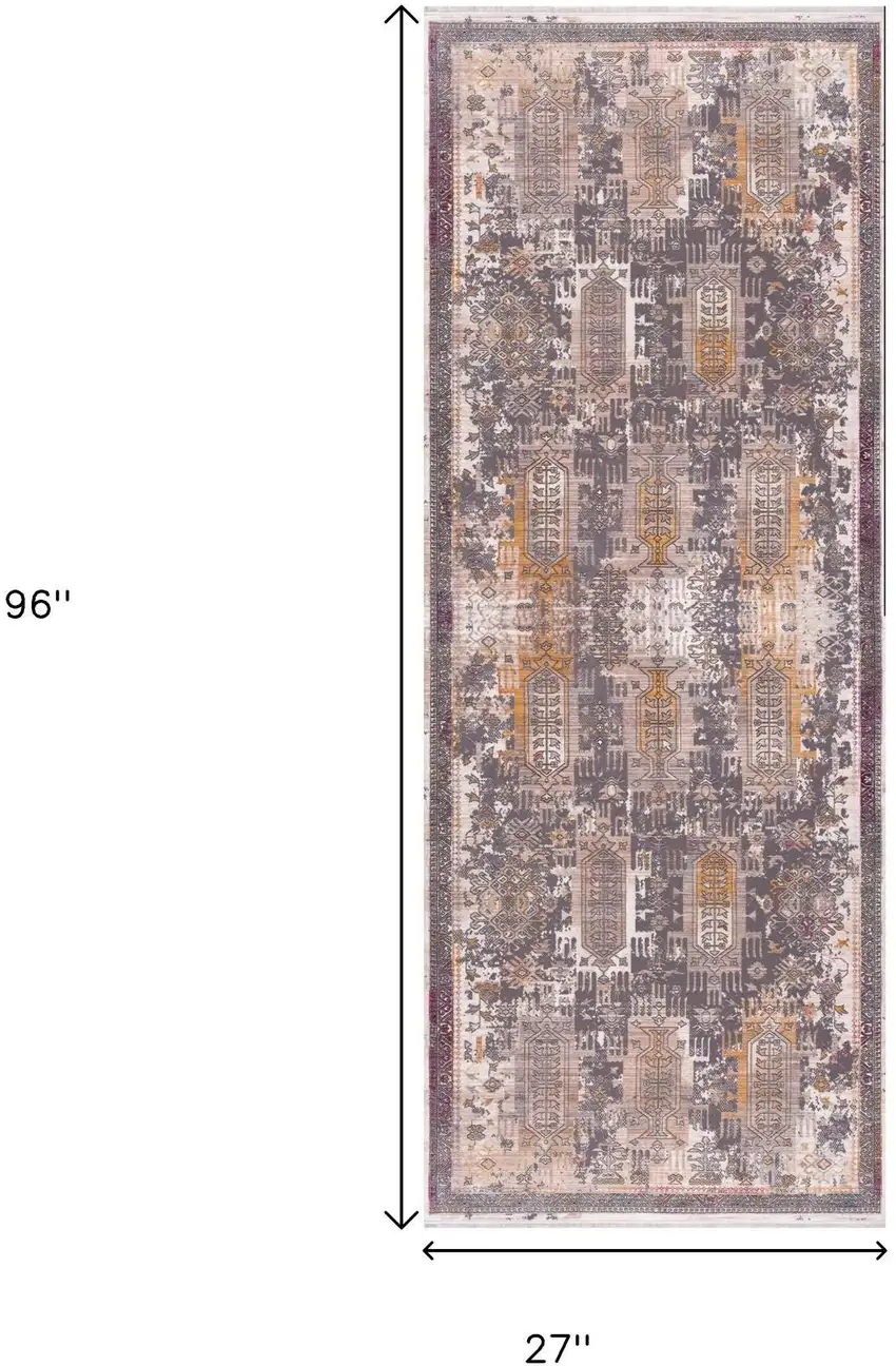 8' Gray And Ivory Oriental Distressed Runner Rug Photo 6