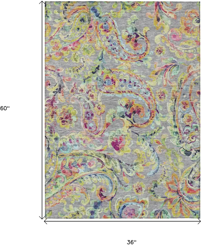 Gray Fern Green And Artichoke Green Paisley Washable Indoor Outdoor Area Rug Photo 3