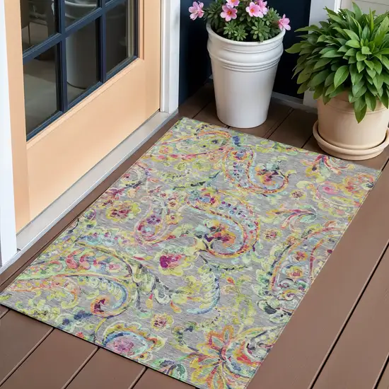 Gray Fern Green And Artichoke Green Paisley Washable Indoor Outdoor Area Rug Photo 1