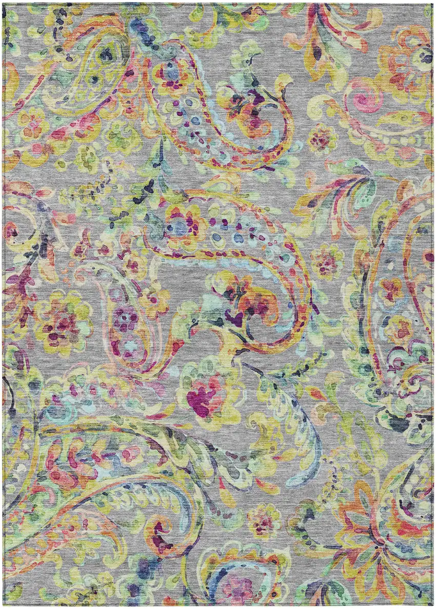 Gray Fern Green And Artichoke Green Paisley Washable Indoor Outdoor Area Rug Photo 2