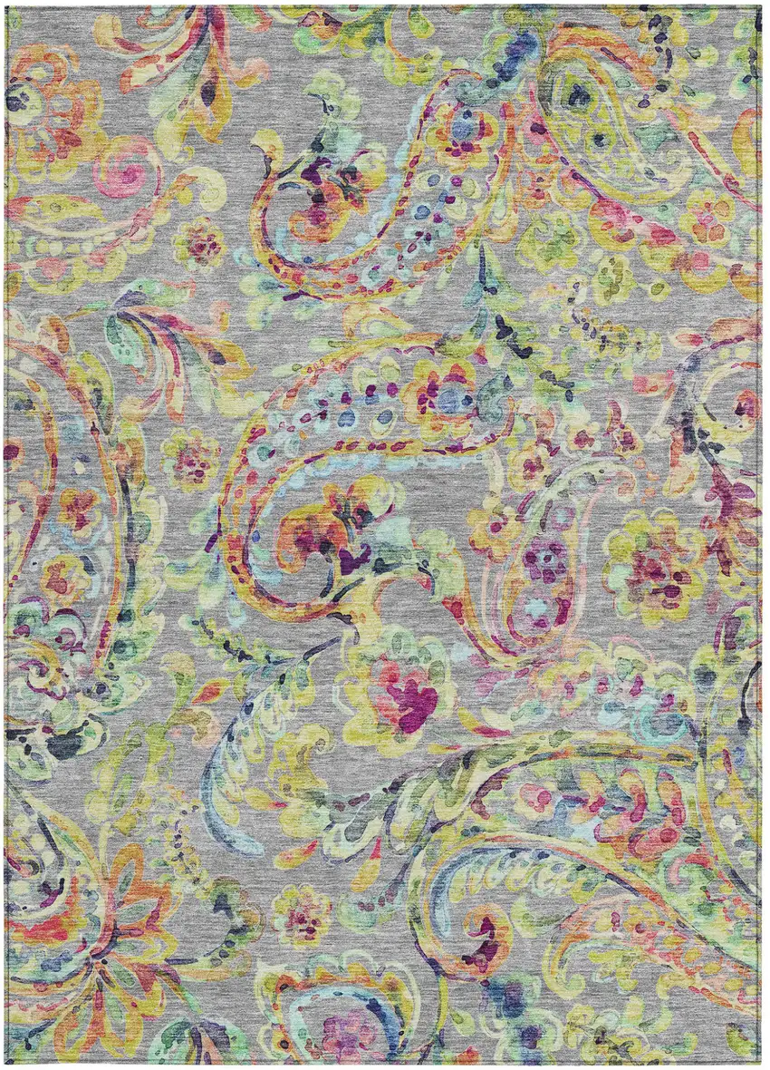 Gray Fern Green And Artichoke Green Paisley Washable Indoor Outdoor Area Rug Photo 8