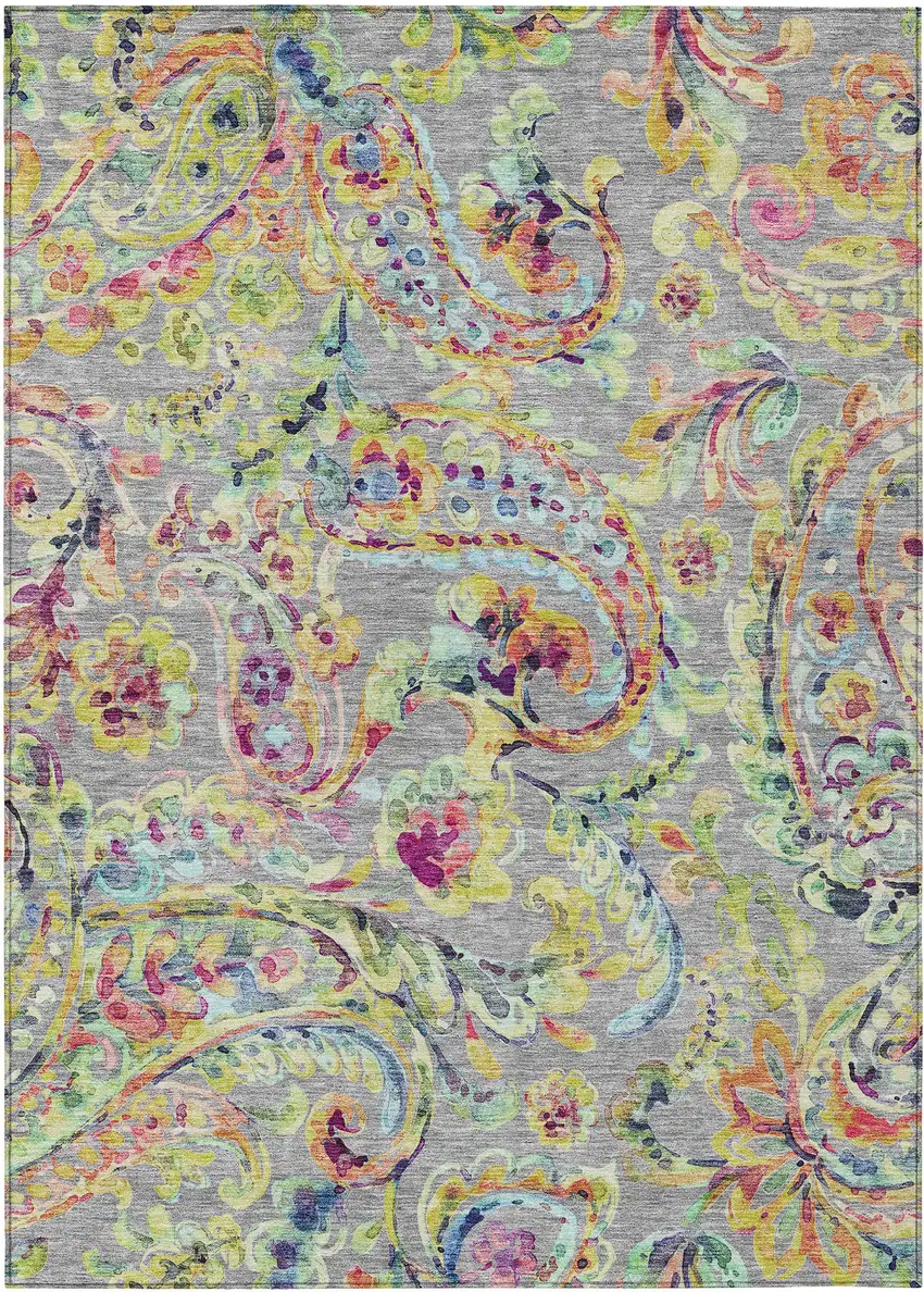 Gray Fern Green And Artichoke Green Paisley Washable Indoor Outdoor Area Rug Photo 2