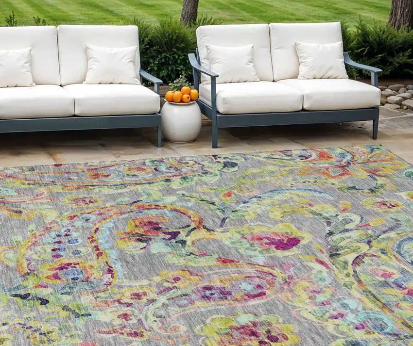 Gray Fern Green And Artichoke Green Paisley Washable Indoor Outdoor Area Rug Photo 1