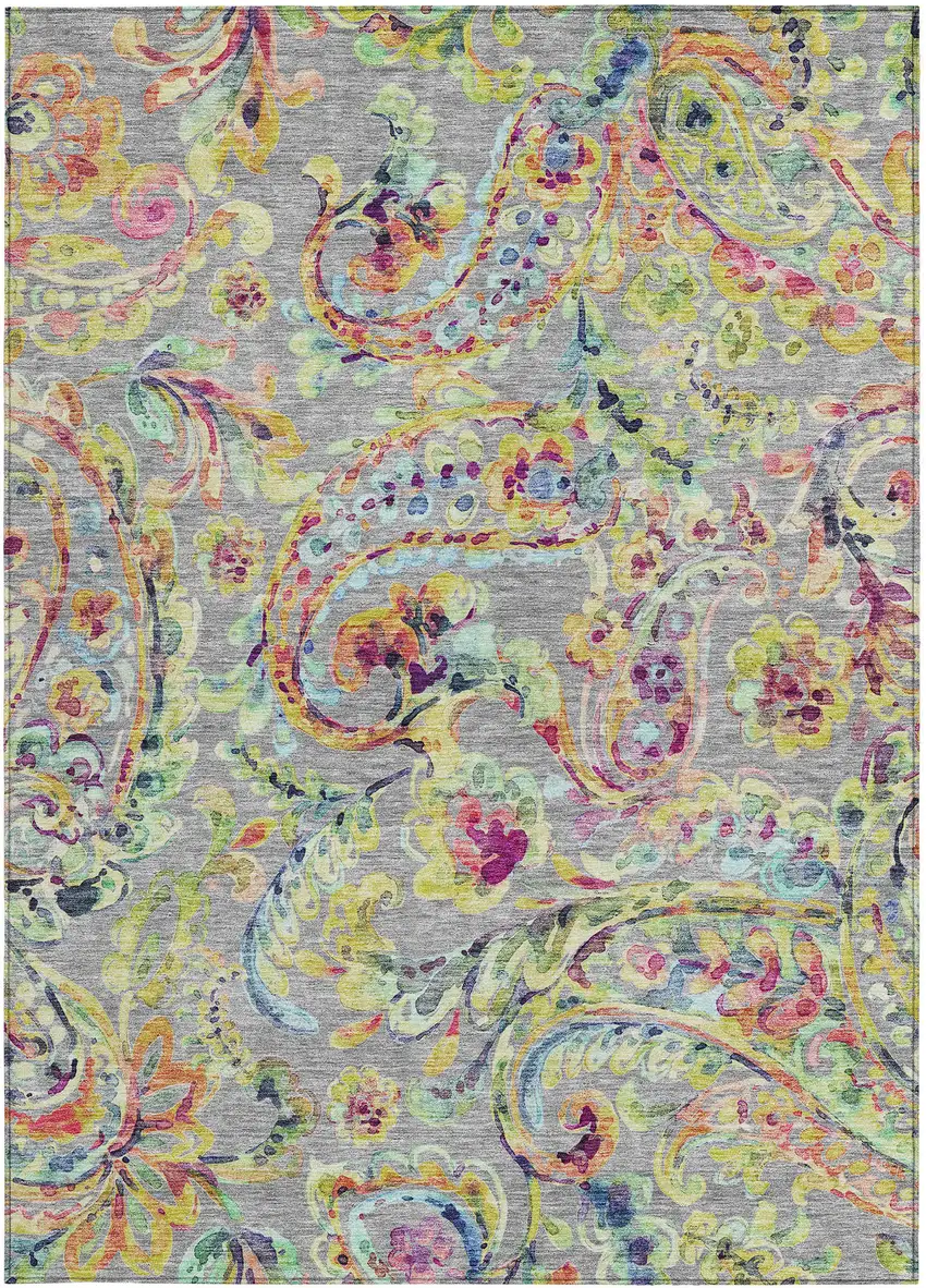Gray Fern Green And Artichoke Green Paisley Washable Indoor Outdoor Area Rug Photo 8