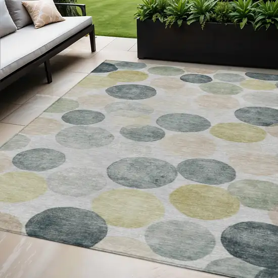 Gray Fern Green And Gold Geometric Washable Indoor Outdoor Area Rug Photo 2