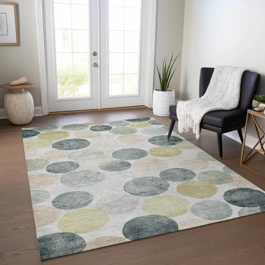 Gray Fern Green And Gold Geometric Washable Indoor Outdoor Area Rug Photo 5