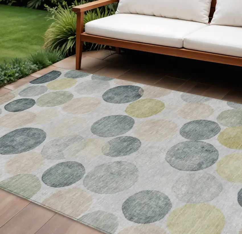 Gray Fern Green And Gold Geometric Washable Indoor Outdoor Area Rug Photo 2
