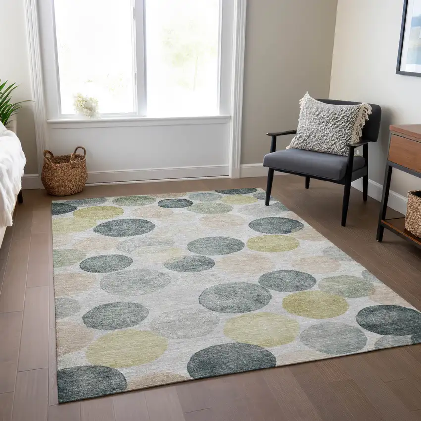 Gray Fern Green And Gold Geometric Washable Indoor Outdoor Area Rug Photo 7