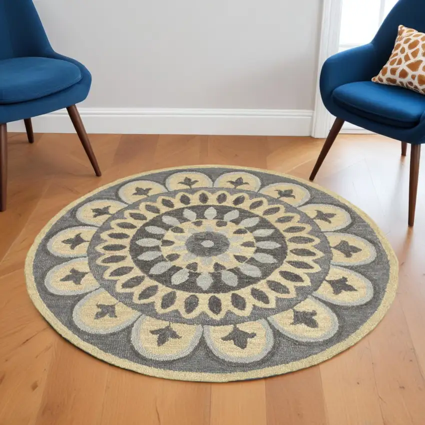 6' Gray Round Wool Geometric Hand Tufted Area Rug Photo 1