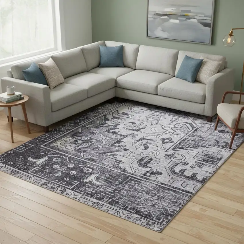 Gray Floral Distressed Area Rug Photo 1