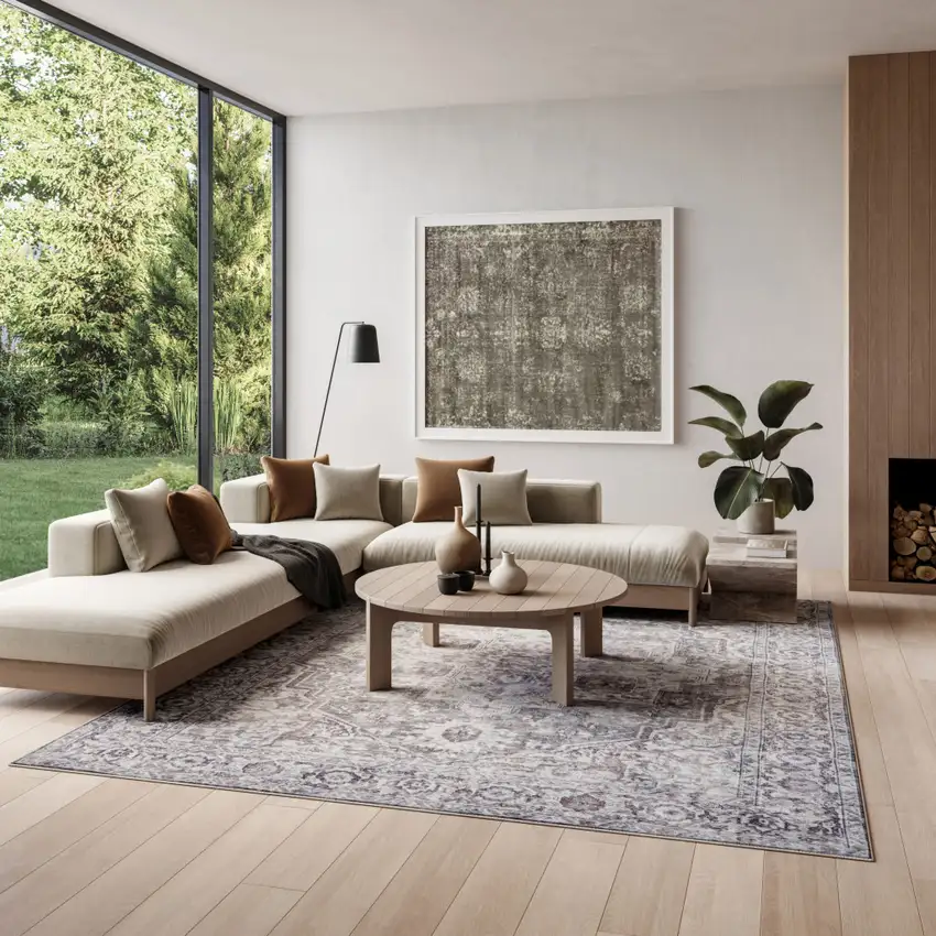 Gray Floral Distressed Area Rug Photo 3