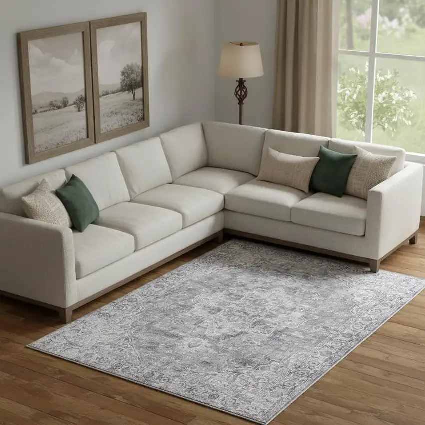 Gray Floral Distressed Area Rug Photo 1