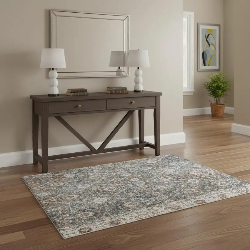 Gray Floral Distressed Area Rug Photo 1