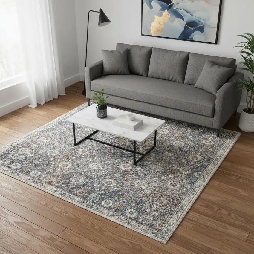 Gray Floral Distressed Area Rug Photo 1