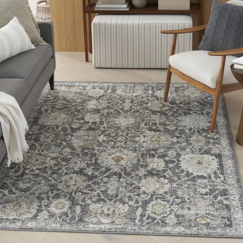 Gray Floral Distressed Area Rug Photo 5