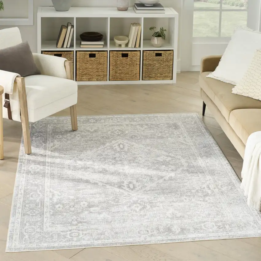 Gray Floral Distressed Area Rug Photo 5