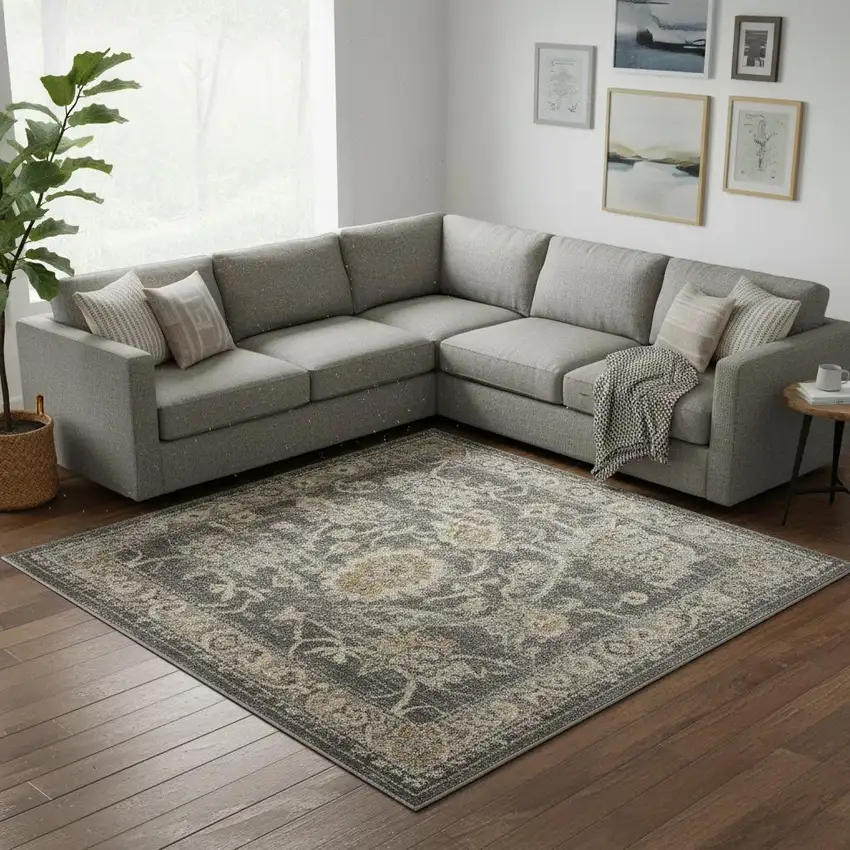 Gray Floral Distressed Area Rug Photo 1