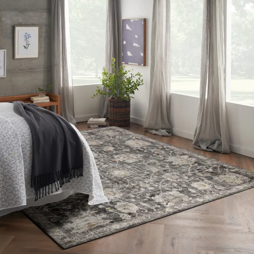 Gray Floral Distressed Area Rug Photo 3