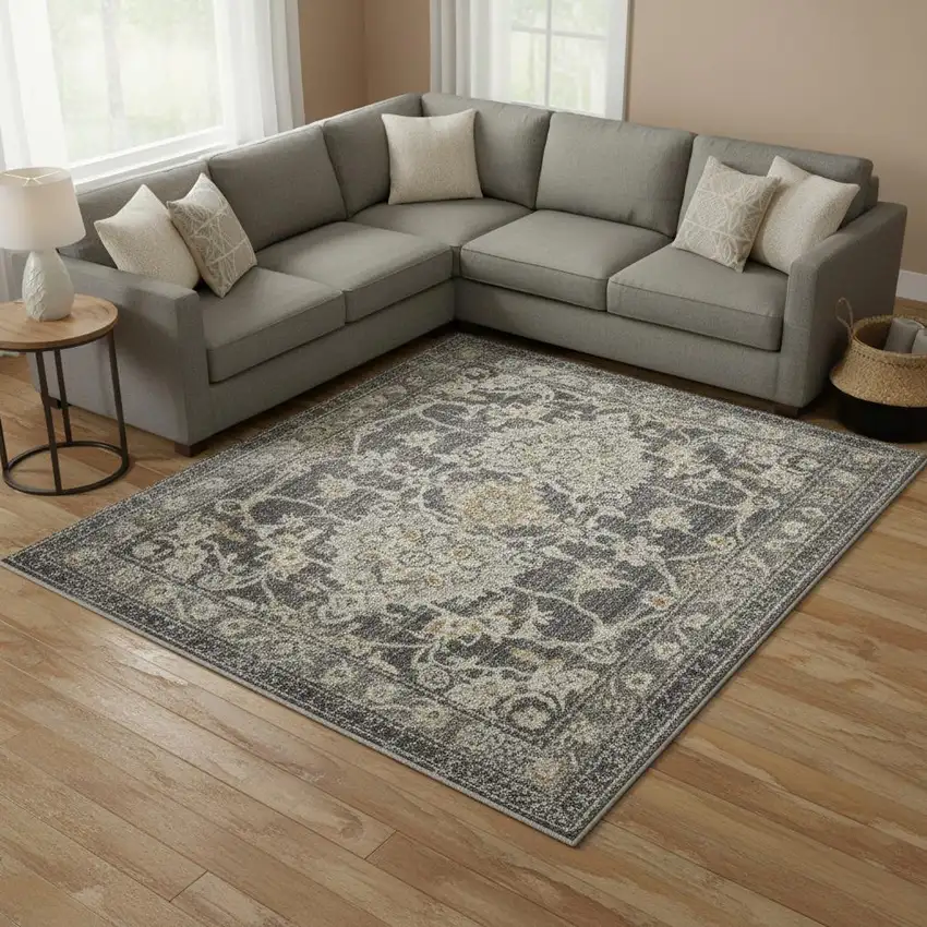 Gray Floral Distressed Area Rug Photo 1