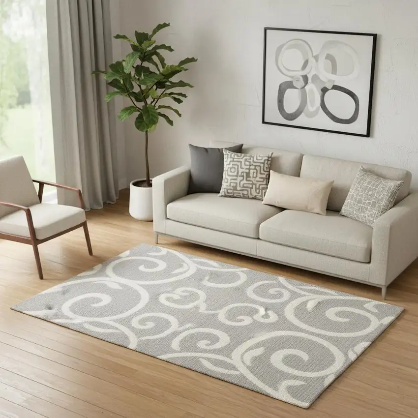 Gray Floral Power Loom Area Rug Photo 1