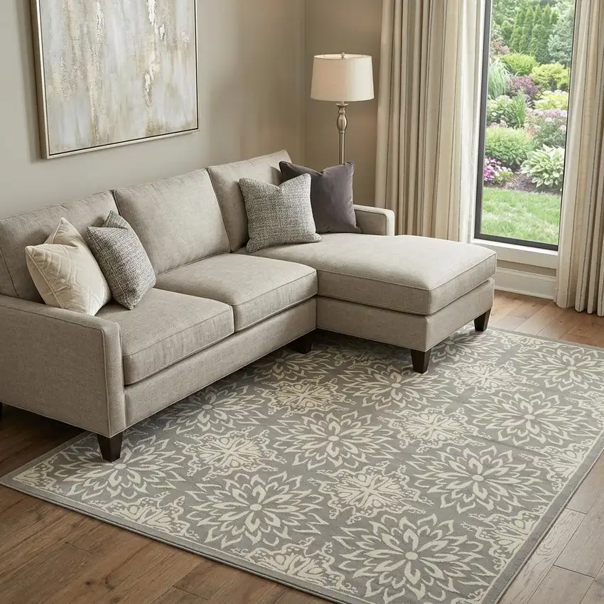 Gray Floral Power Loom Area Rug Photo 1