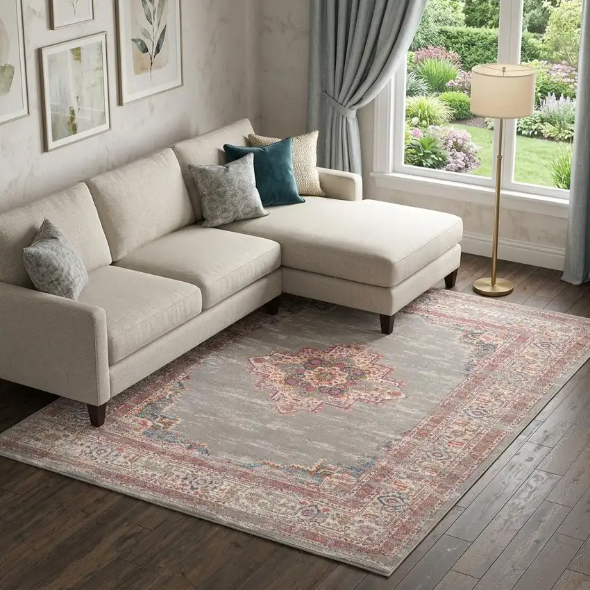 Gray Floral Power Loom Area Rug Photo 1