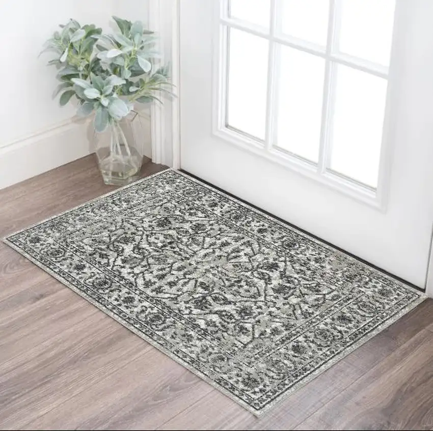Ivory Gray And Dark Gray Floral Area Rug Photo 1
