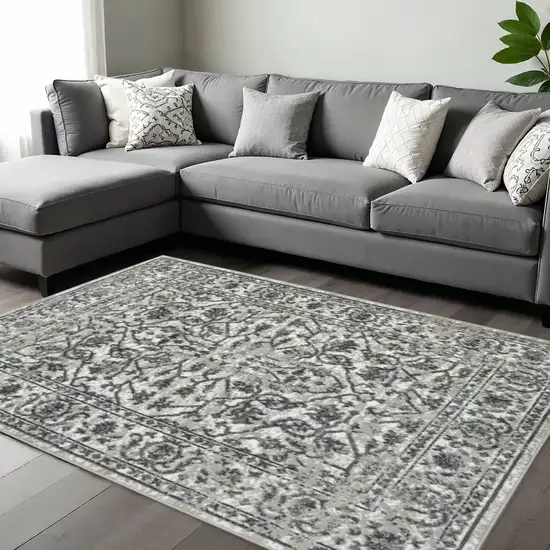 Ivory Gray And Dark Gray Floral Area Rug Photo 1
