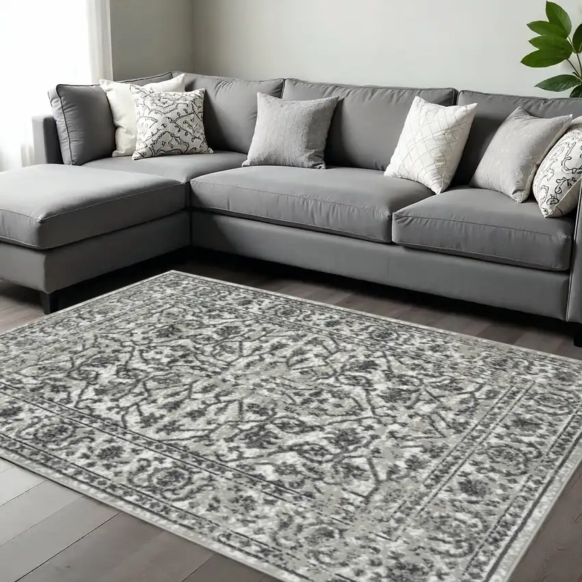 Ivory Gray And Dark Gray Floral Area Rug Photo 1
