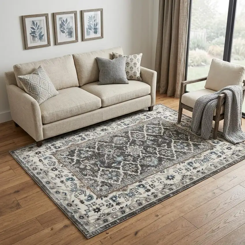 Gray Floral Power Loom Area Rug Photo 1