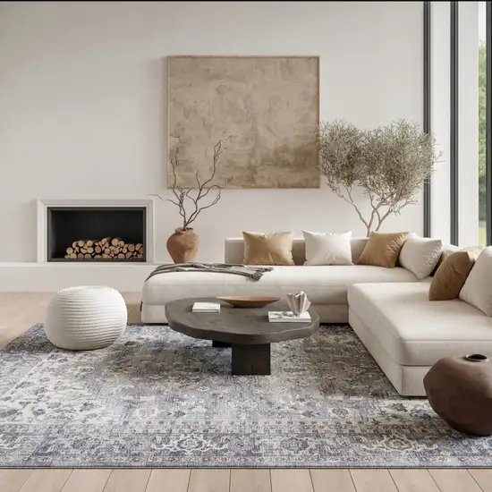 Gray Floral Power Loom Distressed Area Rug Photo 4